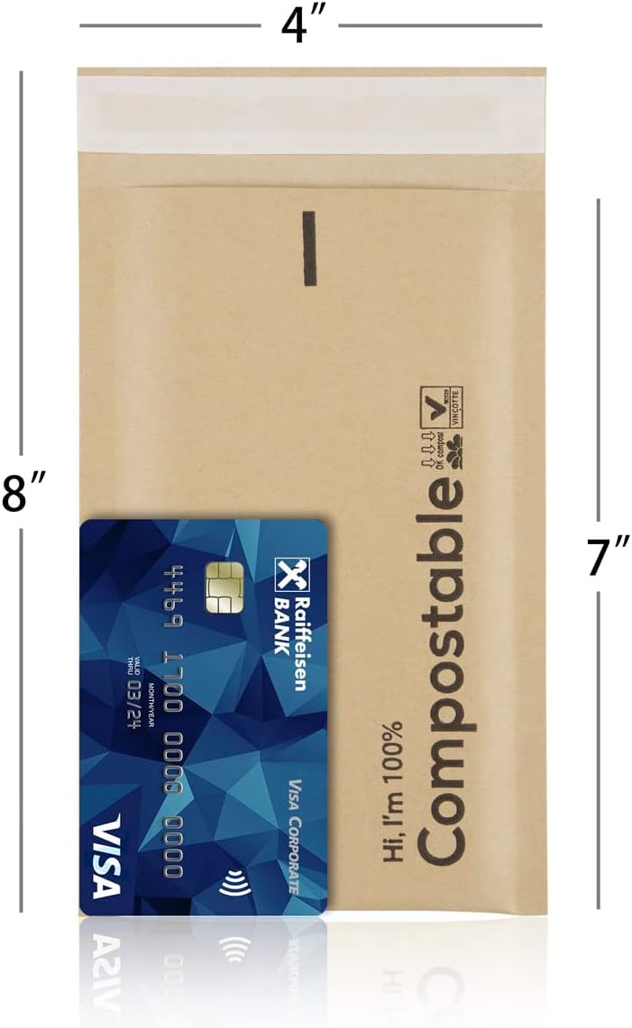 4x8 100% Biodegradable Bubble Mailers,25 Count Kraft Brown #000 Compostable Padded Packaging Wrap Envelopes Pouches Eco Friendly Self Seal Bags