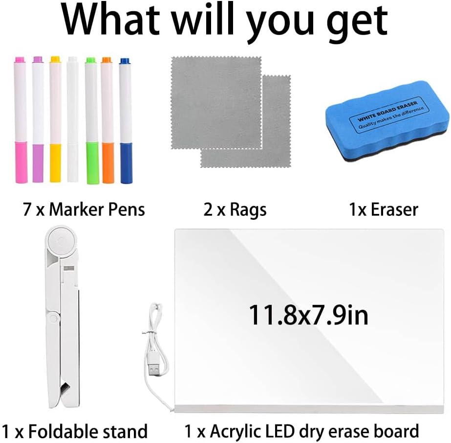 Acrylic Led Dry Erase Board - Creative Rewritable Message Board - Led Color Note Board with Stand - Light up Led Acrylic Message Board as a Glow Memo Board Note with 7 Pen - Free Eraser Easy to Clean