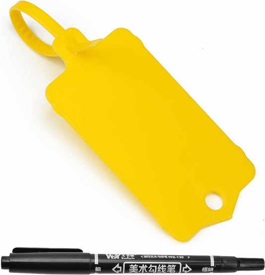 100pcs Blank Plastic Tags for Labeling Reusable Hanging Tags Ties Key Tag Storage Labels Waterproof Plastic Mark Label Writable Hang Sign with One Marker Pen (Yellow)