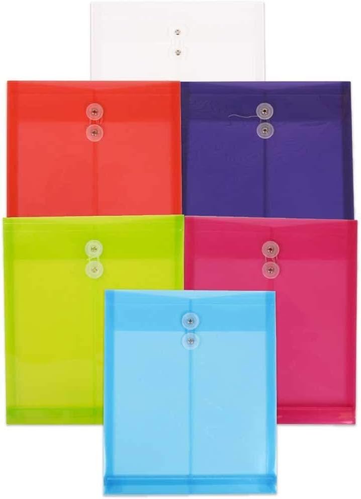 JAM PAPER Plastic Envelopes with Button & String Tie Closure - Letter Open End - 9 3/4 x 11 3/4 - Assorted Colors - 6/Pack