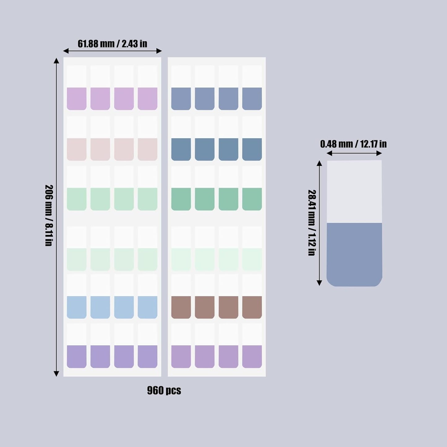 AccEncyc 960 Pcs Colored Index Tab 0.5"x1.1" Large Book Sticky Tabs Repositionable Page Tabs Flags Page Markers Labels for Notebooks, Filing, Classification,12 Colors