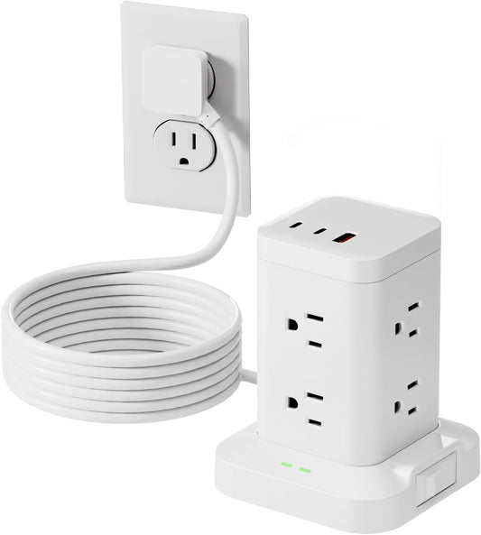 11-in-1 Power Strip Tower with Surge Protector 1800J, Fast Charging Tower PD20W USB-C Ports with 8 AC Outlets, 5ft Extension Cord for Home Office Dorm Room, White