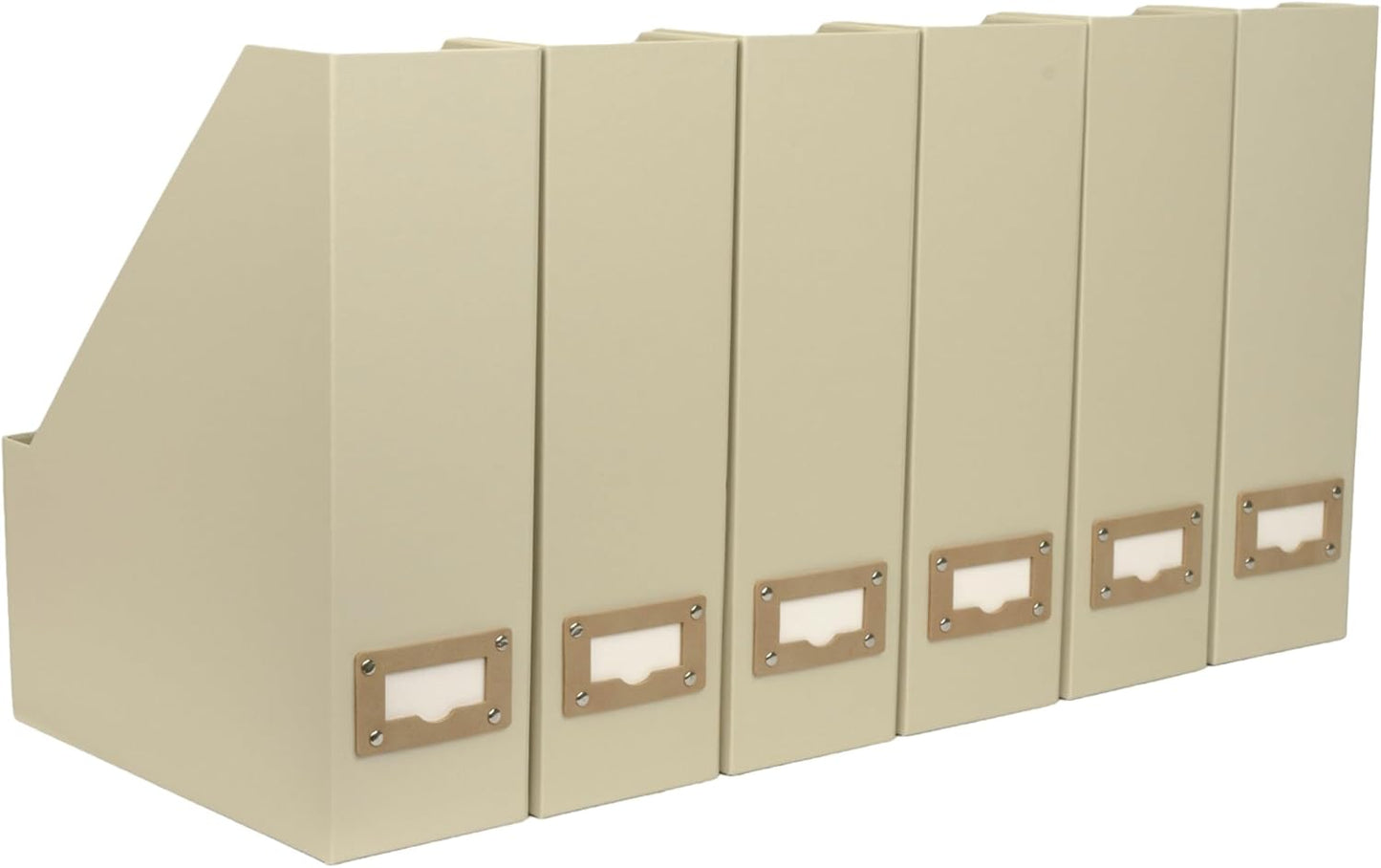 BLU MONACO Set of 6 Foldable Magazine File Holders in Beige Linen – Sturdy Cardboard Vertical Organizers with Label Holders – Stylish Storage Solution for Magazines, Files, and Office Supplies