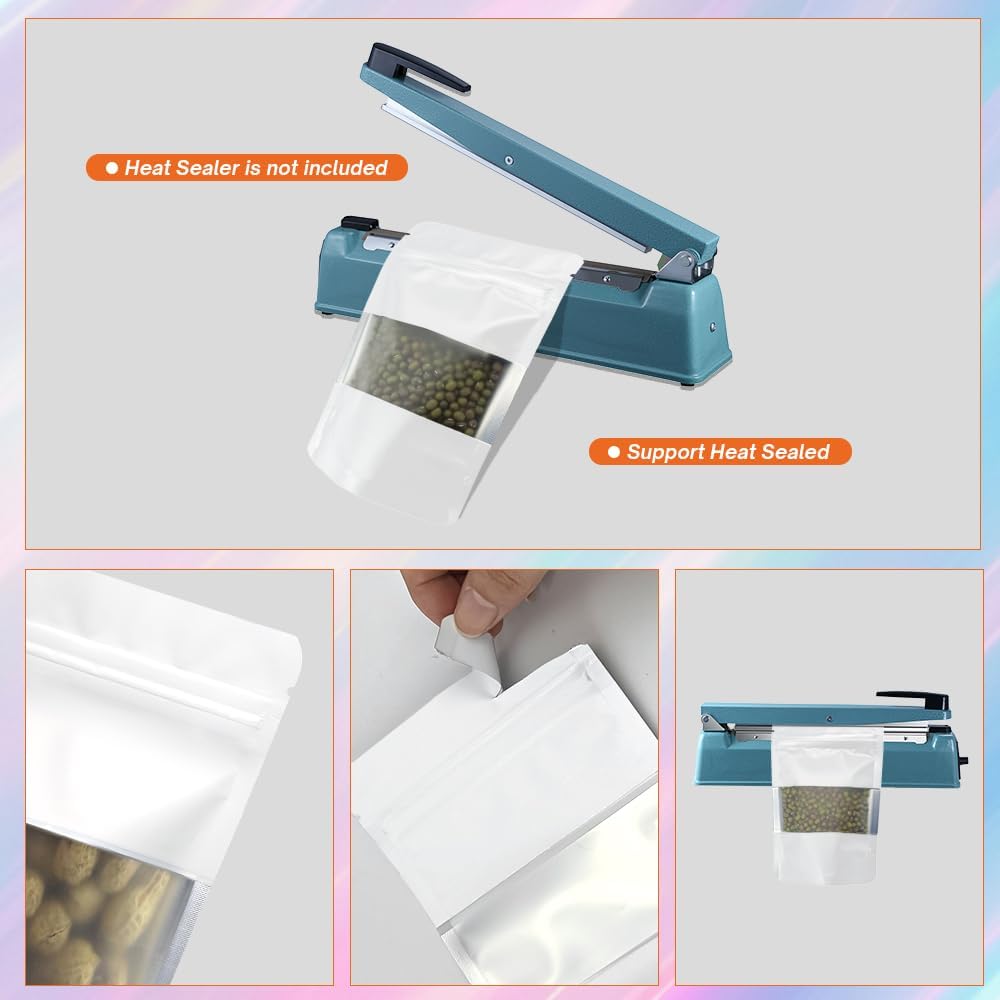 4CP 100 Pcs White Zipper Smell Proof Bags with Window, 3.5x5.0 Inch Stand Up Foil Pouches for Food Selfsealing Storage, Reusable Bag for Packaging Small Business, Cookies, Nunt, Candy