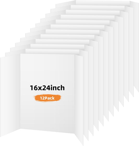 12 Pack Trifold Poster Board, 16x24 Inches White Presentation Board, Portable Display Board for Science Fair, School DIY Project and Business Exhibitions