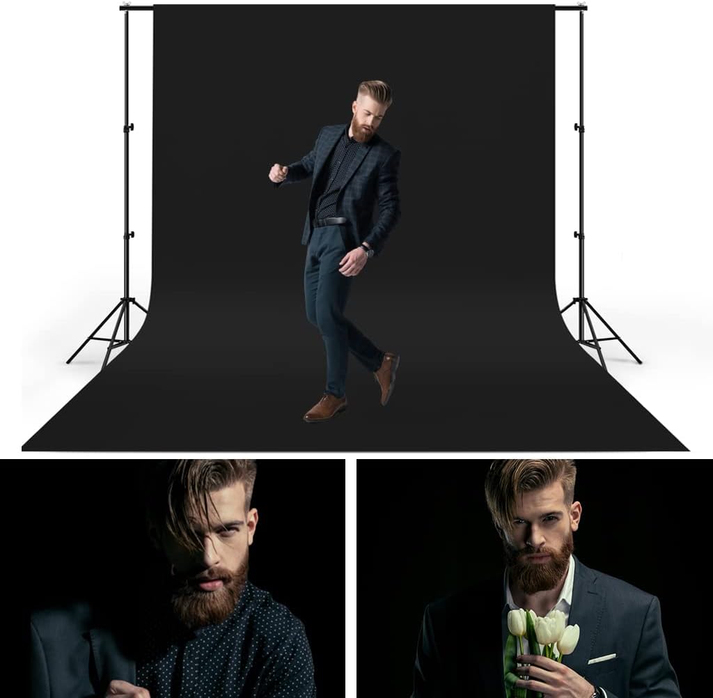 10X20ft Black Photo Backdrops for Photography, LCUIRC Two Rod Pocket Backdrops Curtain for Parties, Polyester Fabric Background with 4 Clamps for Product Protrait Photoshoot or Parties Decoration