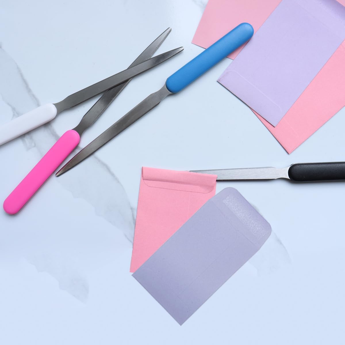 4 Pcs Letter Opener, Stainless Steel Letter Opener Knife, Stainless Steel Hand Envelope Slitter, Stainless Steel Envelope Openers, Lightweight Mail Slitters Letter Knives (Black, White, Blue, Pink)