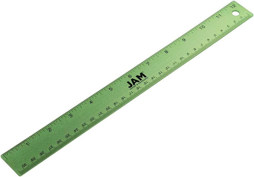 JAM PAPER Strong Aluminum Ruler - 12 Inch - Metal Ruler with Non-Skid Cork Backing - Lime Green - Sold Individually