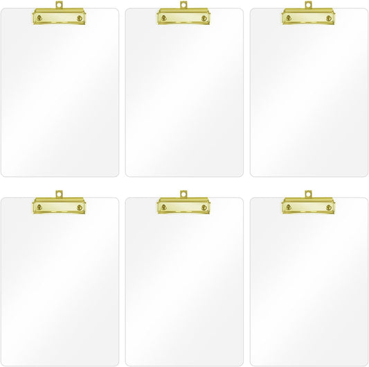 Honagu Acrylic Clear Clipboards, Transparent Plastic Clipboard with Gold Strong Clip Hidden Hanging Hole, A4 Letter Size Clipboards for Nurses, Art Student, Teachers,School & Office Supplies, 6PC