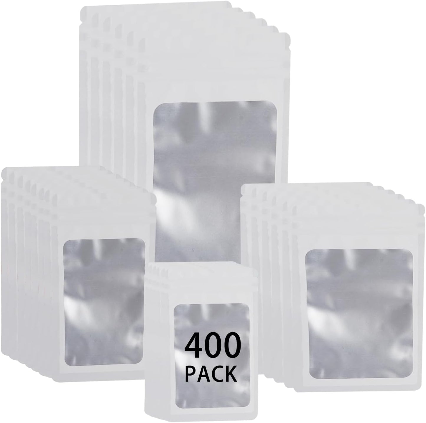 400 Pack 4 Sizes Resealable Mylar Holographic Bags Food Storage Smell Proof Bags with Front Window, Zipper Foil Packaging Pouch for Sample Jewelry Small Business (White,3x4.7,3.1x5.5,4x 6,4.7x 7.9in)