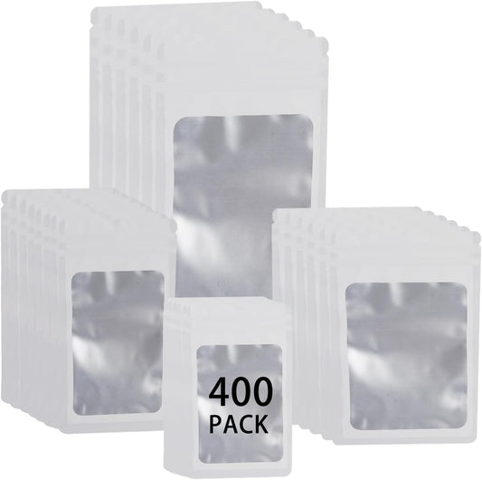 400 Pack 4 Sizes Resealable Mylar Holographic Bags Food Storage Smell Proof Bags with Front Window, Zipper Foil Packaging Pouch for Sample Jewelry Small Business (White,3x4.7,3.1x5.5,4x 6,4.7x 7.9in)