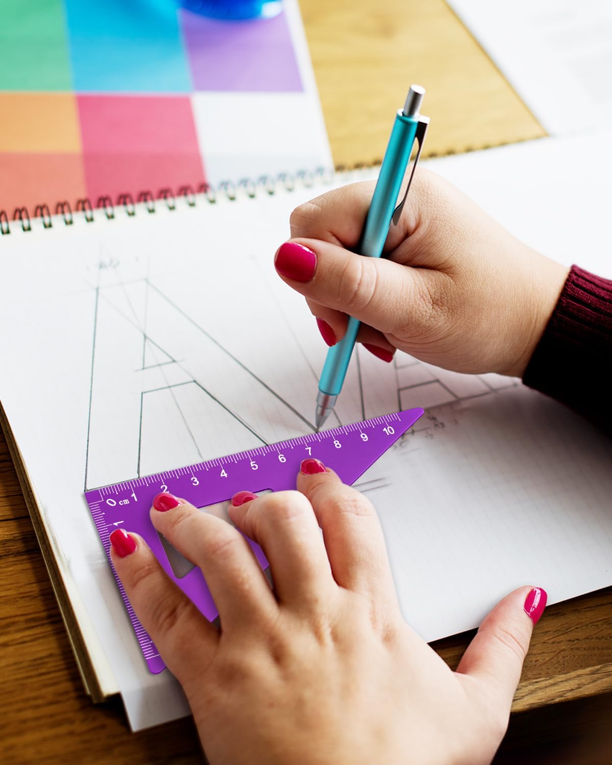 Honagu Triangular Ruler Set, 8 Pieces/2 Sets Aluminum Alloy Ruler, Metal Drafting Ruler, Geometric Protractor for Students, Draftsmen, Engineers, School Office Supplies (Blue+Purple)