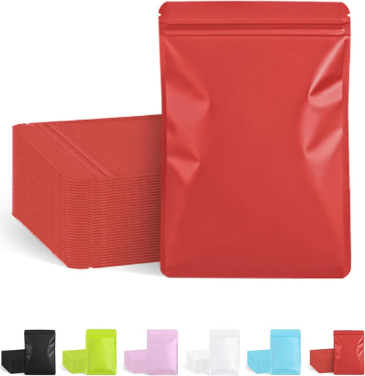 100 Pack Resealable Packaging Bags for Small Business Double-Sided Color Smell Proof Bag for Food Storage Flat Bags (Red, 4.7" x 7.1")
