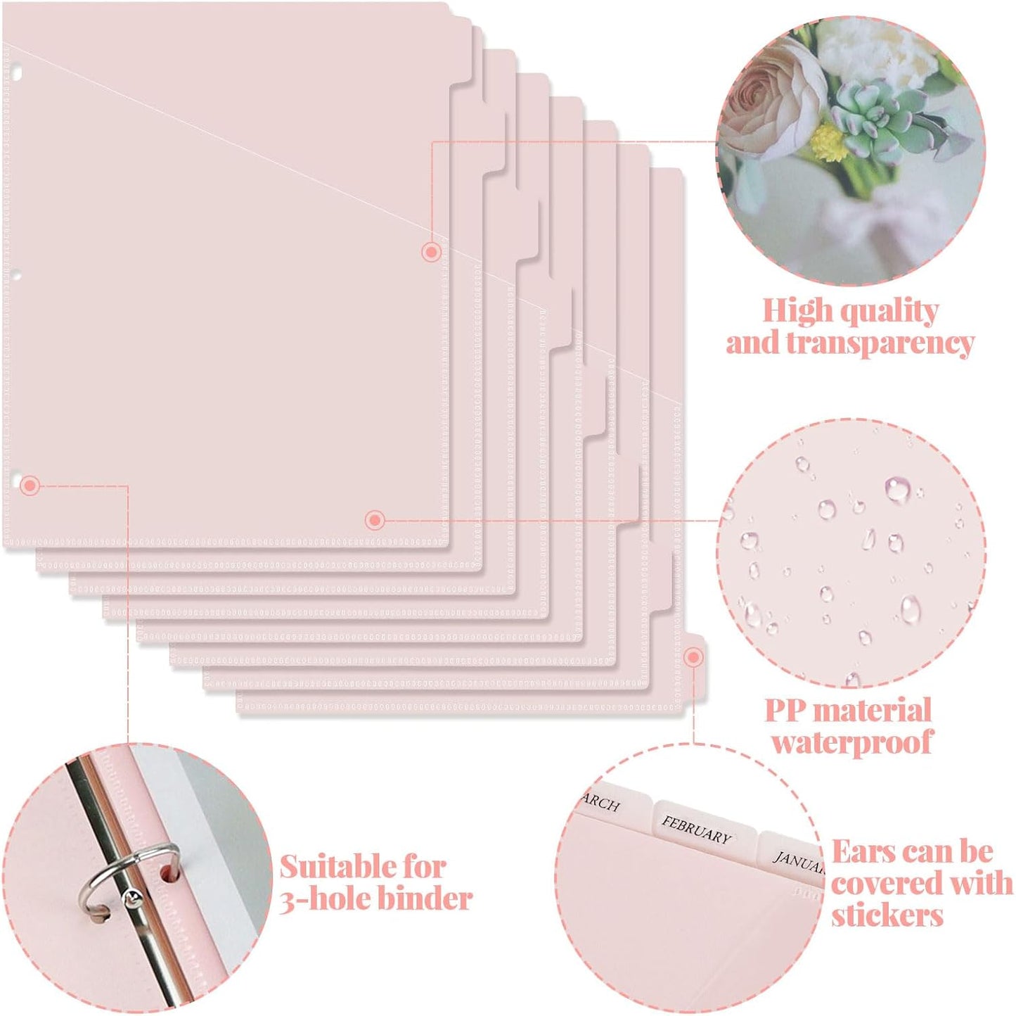 8 tab dividers for 3 Ring Binder with Pockets, Plastic Dividers with Clear Front Pocket, 8-tab Index Dividers with 3 Holes Punched for School & Office Supplies (Pink, 8 Tabs)