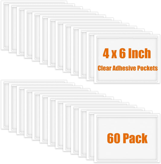 60 Pack Clear Self Adhesive Label Pockets, Label Holders Index Card Pockets Card Holder Shelf Label Holder for Organizing and Protecting (4 x 6 inches)
