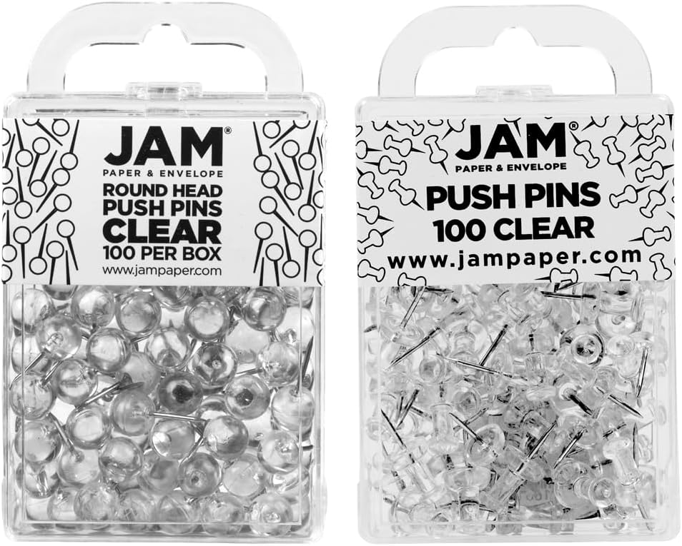 JAM PAPER Colorful Push Pins - Flat & Round Head Thumb Tack Combo Set - Clear Pushpins - 200/Pack