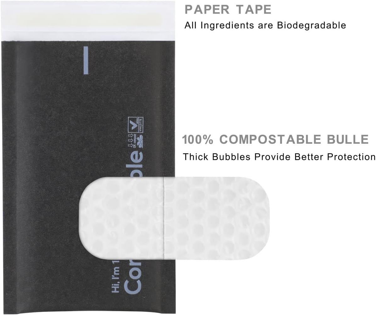 4x8 100% Biodegradable Bubble Mailers,25 Count Kraft Black #000 Compostable Padded Packaging Wrap Envelopes Pouches Eco Friendly Self Seal Bags