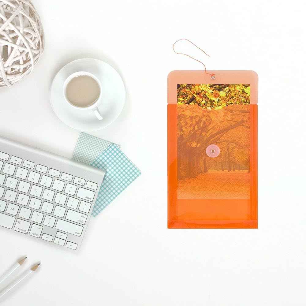 JAM PAPER Plastic Envelopes with Button & String Tie Closure - 6 1/4 x 9 1/4 - Bright Orange - 3/Pack