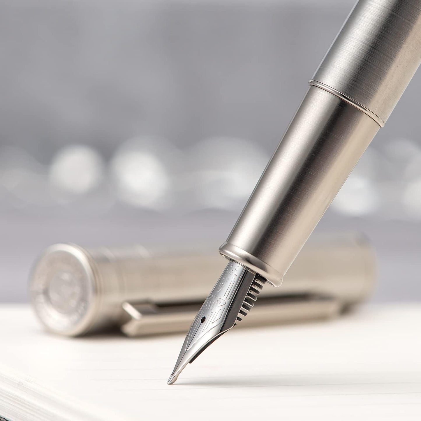 Hongdian 1861 Stainless Steel Fountain Pen Long Blade Nib, Classic Design Smooth Writing Pen with Converter and Metal Pen Case Set