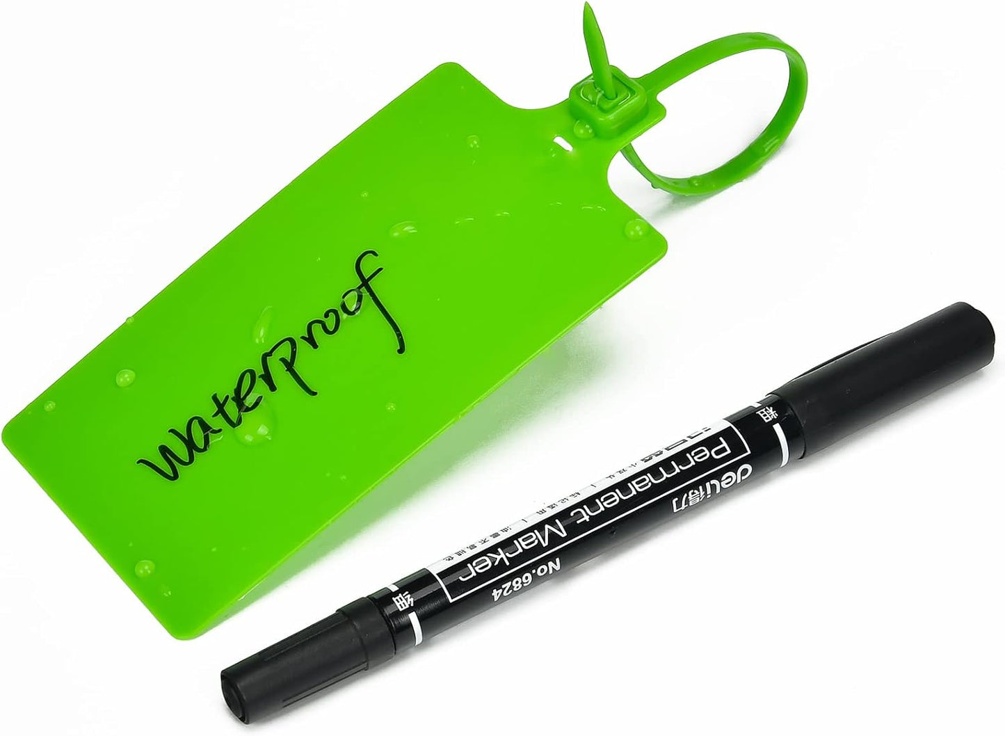 100 Green Plastic Writable Shipping Tags - Large, Waterproof, Hanging Labels with One Permanent Marker Pen