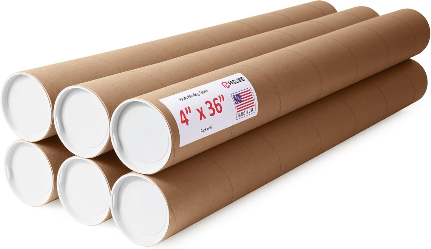 4" x 36" Reinforced Kraft Paper Mailing Tubes, Pack of 6 Tubes with 2 Caps Each – USPS Approved Poster Tube – Made in USA Cardboard Tube for Shipping and Storing Posters, Prints, Artwork, or Documents