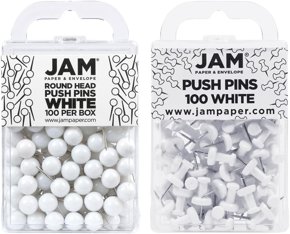 JAM PAPER Colorful Push Pins - Flat & Round Head Thumb Tack Combo Set - White Pushpins - 200/Pack