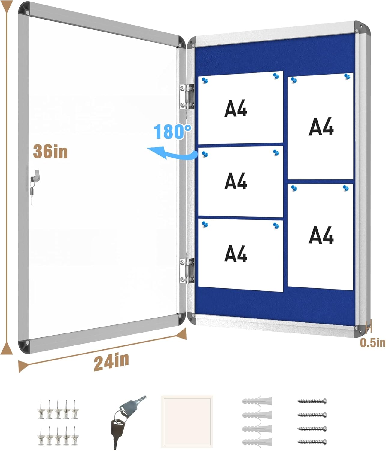 36"x24" Enclosed Bulletin Board, Lockable Weather-Resistant Aluminum Cork Noticeboard for School & Office, Silver Frame w/Blue Flet