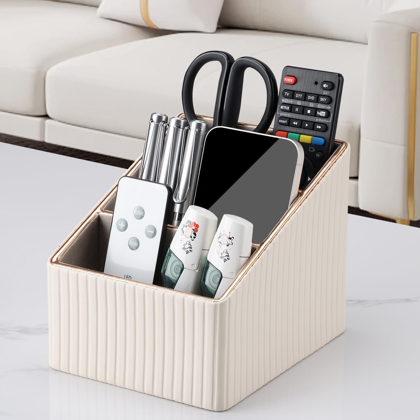 KINGFOM Remote Control Holder with 3 Compartments, Pu Leather Remote Caddy Desktop Organizer for TV, CD, Blu-Ray, Media Player, Heater Controllers and Cosmetics Office Supplies Light Beige