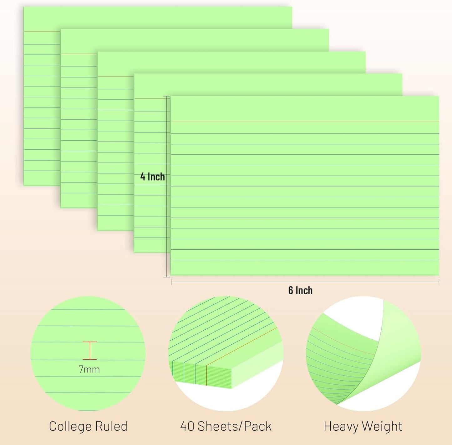 200 Pcs Index Cards 4 x 6 Inch Ruled Green Index Cards, College Ruled Flash Cards for School, College, Office and Home Organization, Durable Study To Do List Note Cards with Ruled Lines, 5 Pack of 40