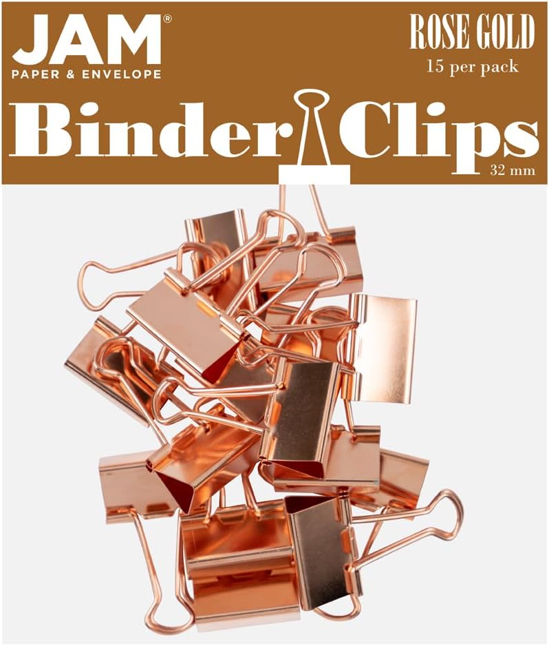 JAM PAPER Colorful Binder Clips - Medium - 1 1/4 Inch (32 mm) - Rose Gold Binderclips - 15/Pack