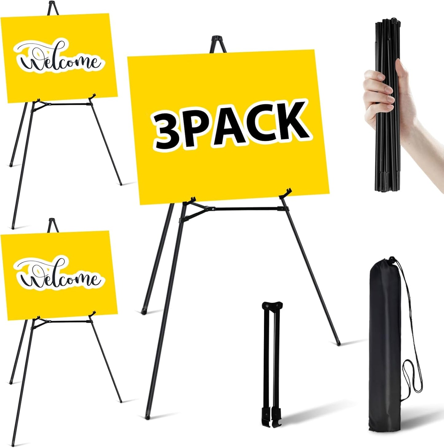 3 Pack Easel Stand for Sign - 63 Inches Display Easel for Wedding Sign & Poster - Lightweight Portable Floor Easel for Picture - Adjustable Poster Easel with Carrying Case, Black