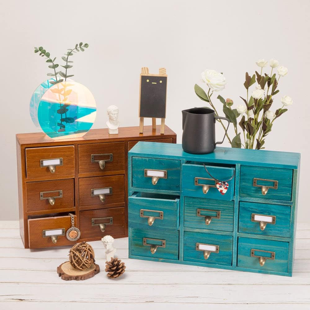 9 Drawers Library Card Catalog Cabinet with Labels Apothecary Cabinet Tabletop Apothecary Chests and Cabinets Herb Storage Box Wooden Desk Drawer Organizer Medicine Vintage Furniture(Blue)