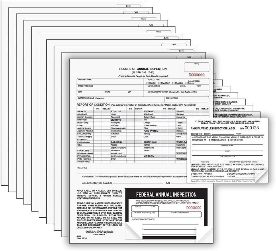 J. J. Keller 10-Pack, Record of Annual Inspection Form with Inspection Decal & Prenumbered Vinyl Adhesive Label 2-Ply, 2-Ply Carbonless Form, DOT Compliant