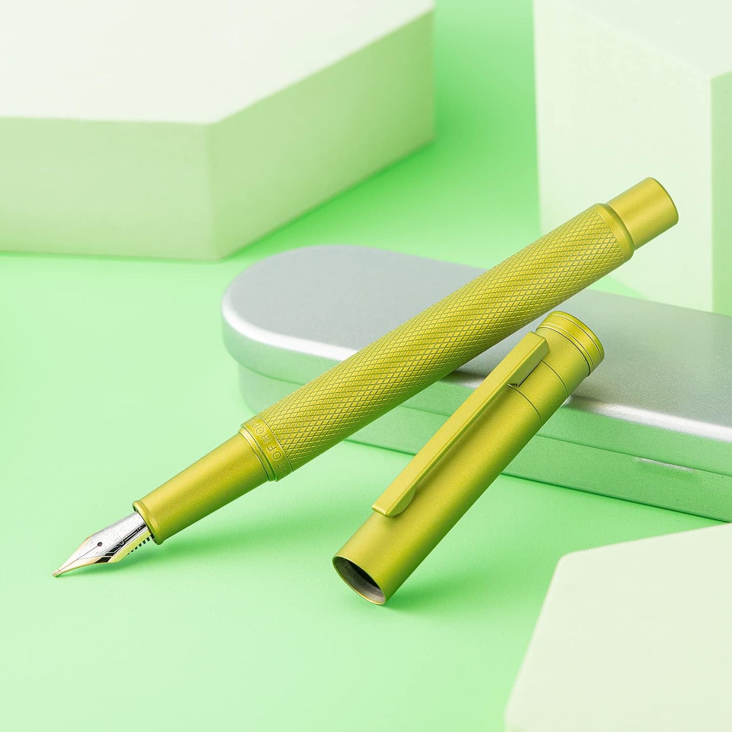 Hongdian 1851 Mustard Yellow Forest Fountain Pen Blade Nib Classic Design Calligraphy Pen with Converter and Metal Pen Case Set