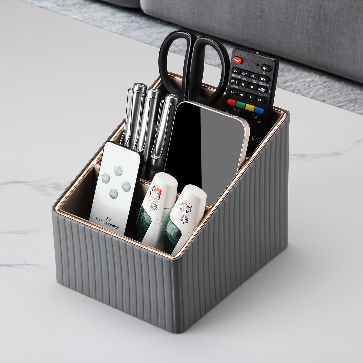 KINGFOM 3 Slot PU Leather Remote Controller Holder, Home Sundries Storage Box, TV Guide/Mail/CD Organizer/Caddy/Holder with Free Cable Desk Organizer (Grey)