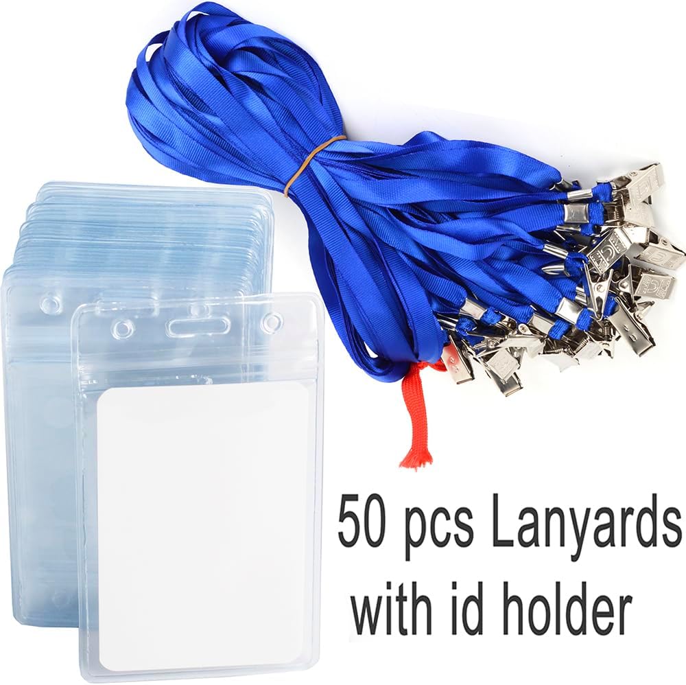 50pcs Clear Badge Holder with Lanyard Waterproof Type Clear ID Badge Holder with Lanyards for Name Tags ID Card (Blue, Vertical)