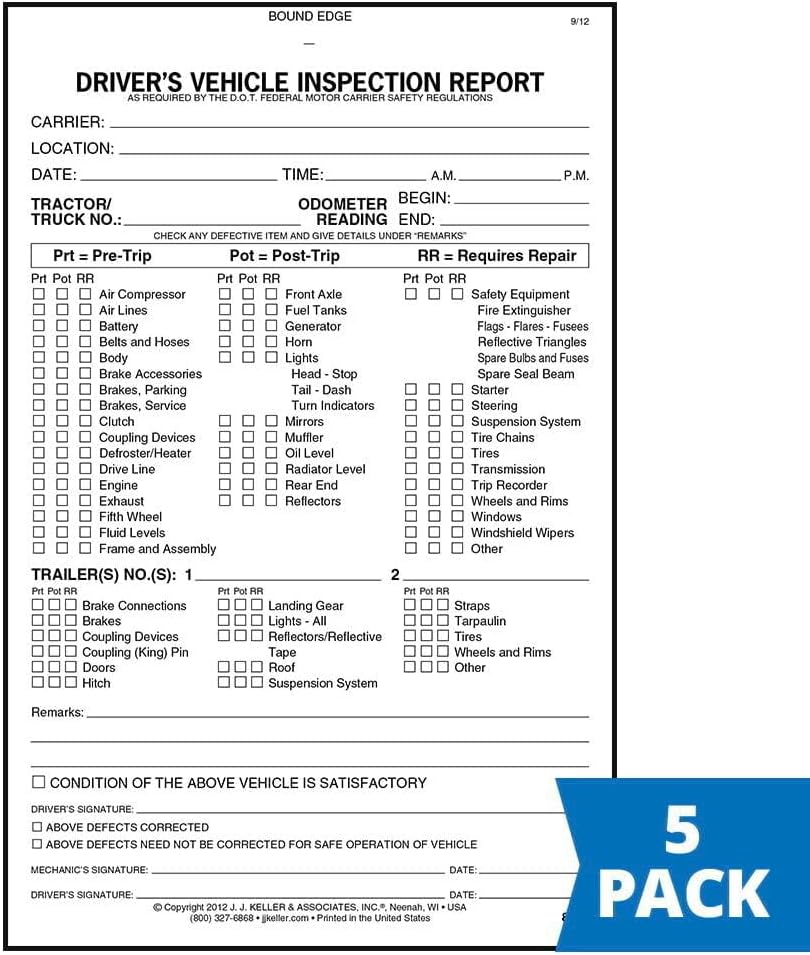 J. J. Keller Detailed Driver's Vehicle Inspection Report (Pre- & Post-Trip) Meets FMCSR Requirements, Book Format with 31 Sets, 2-Ply Carbonless, 5.5" x 8.5", 5 Pack