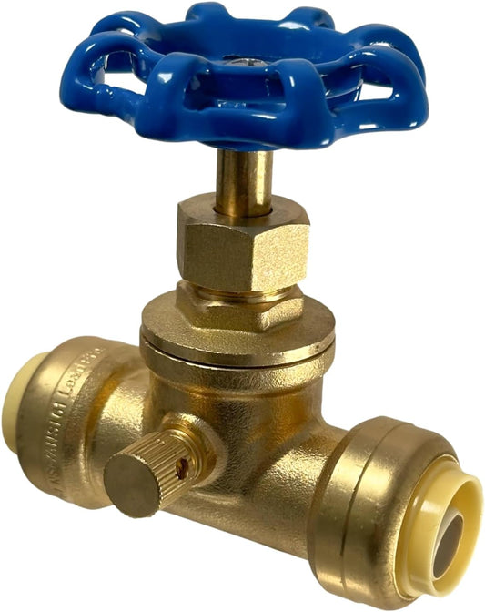 1/2 inch Push Fit Stop Valve with Drain and Vent, Push to Connect Brass Plumbing Fitting, Pex Pipe, Copper, CPVC, PE-RT, HDPE, (2-5-1=2), 2 Pieces