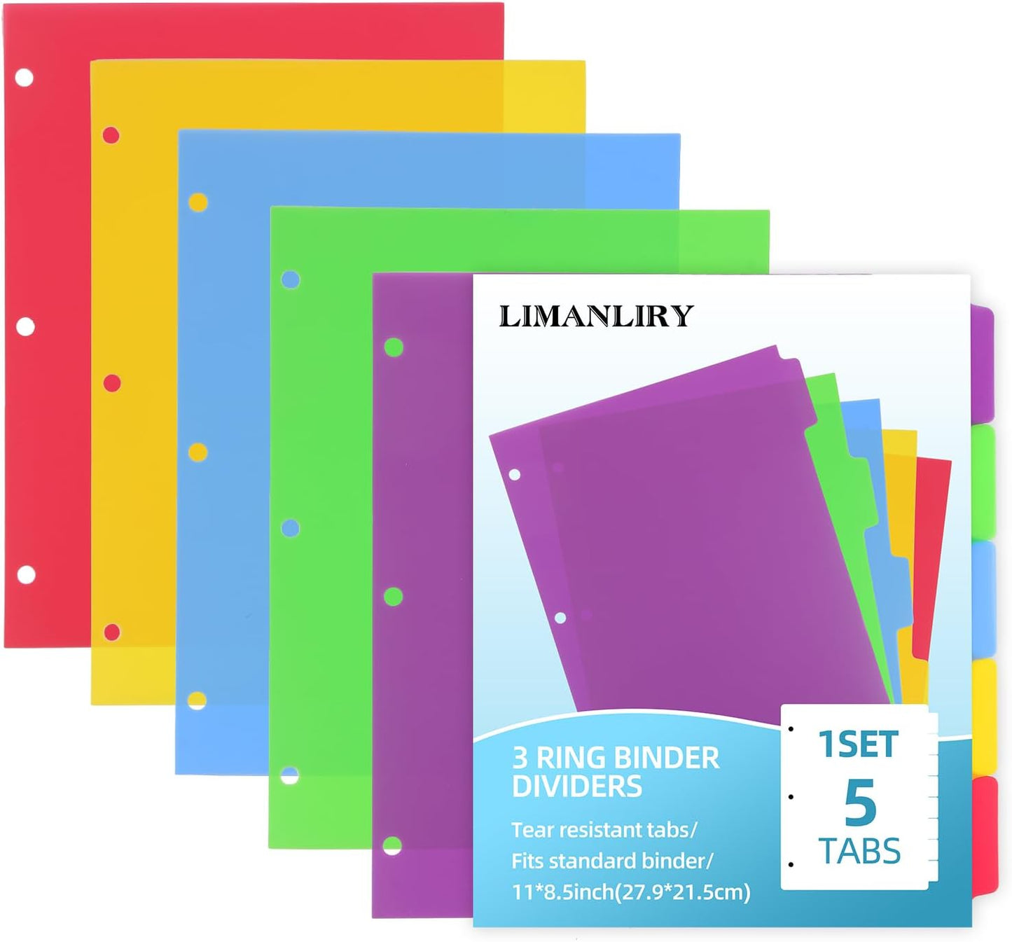 3 Sets Colorful Binder Dividers with Tabs,Plastic Index with 5 Tabs,Big Tab Dividers for 3 Ring Binder
