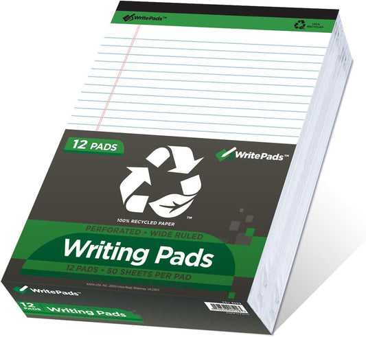 KAISA White Legal Pads 12pads Writing Pads Recycled Paper, 8.5"x11.75" Wide Ruled Perforated 50 sheets Hard Back Notepads 8-1/2"x 11-3/4" Writing Tablet Canary For Office Supplies (Pack of 12pc) KSU-5293