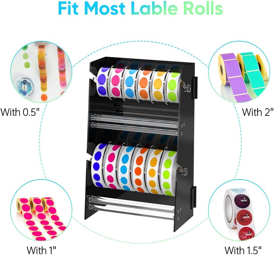 Acrylic Sticker Roll Dispenser Holder - Double-Layer Disks Adjustable Label Dispenser for Rolls of Sticker Labels Suitable for Office School Home - Sticker Roll Holder Organizer