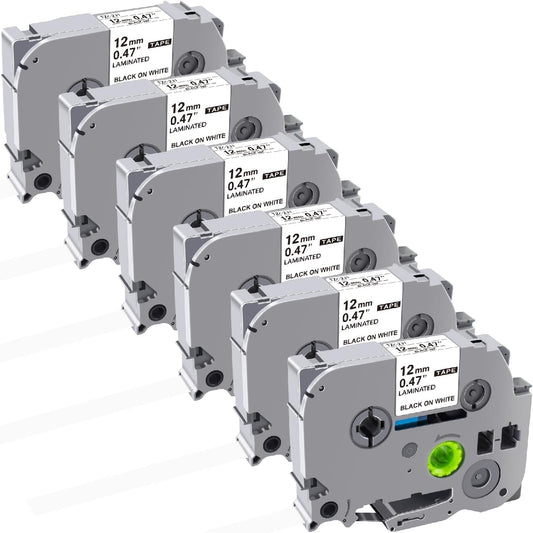 6Pack Label Maker Tape Compatible with Brother PTouch TZe-231 Tape, ½” 0.47”x 26.2 ft Laminated Black on White, for PT-D210, PT-H110, PT-D220, PT-D410, PT-D600