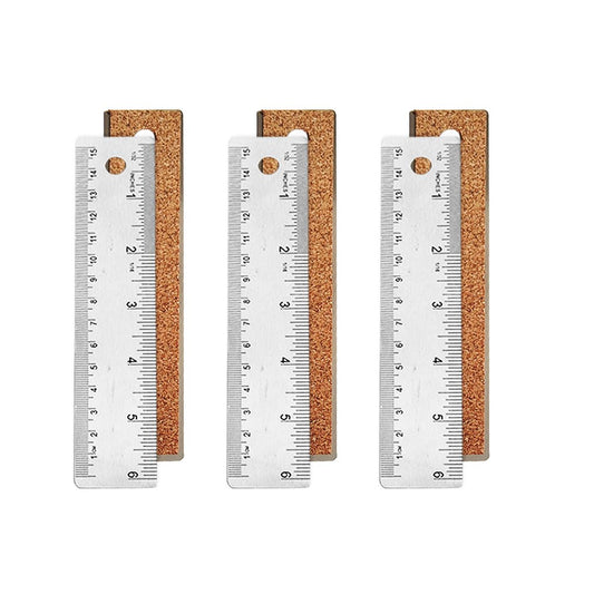 6-Inch Stainless Steel Metal Ruler with Non-Slip Cork Backing - 3 Pack