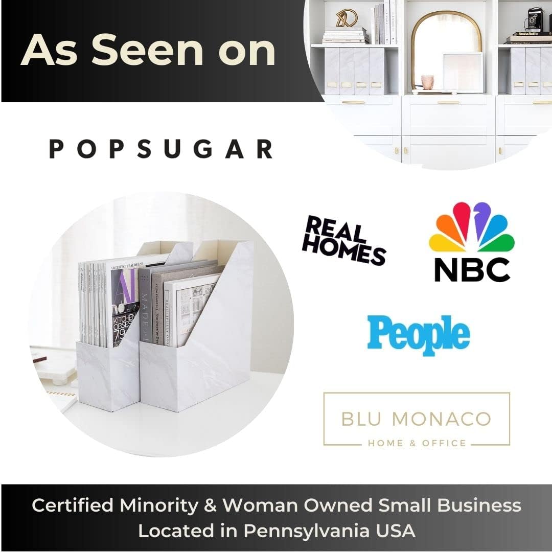 BLU MONACO Set of 4 Magazine Holders, White Marble Design with Gold Label Holders, File Holder for Desk, Magazine Storage for Home Office and Classroom