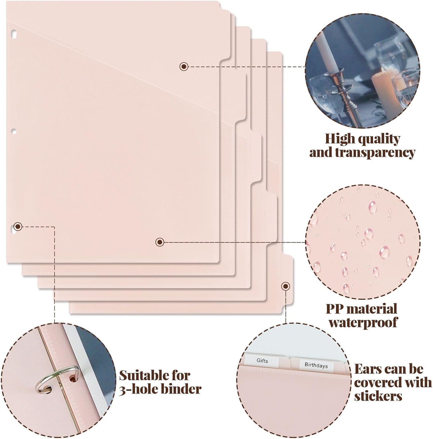 5 tab dividers for 3 Ring Binder with Pockets, Plastic Dividers with Clear Front Pocket, 5-tab Index Dividers with 3 Holes Punched for School & Office Supplies (Pink)