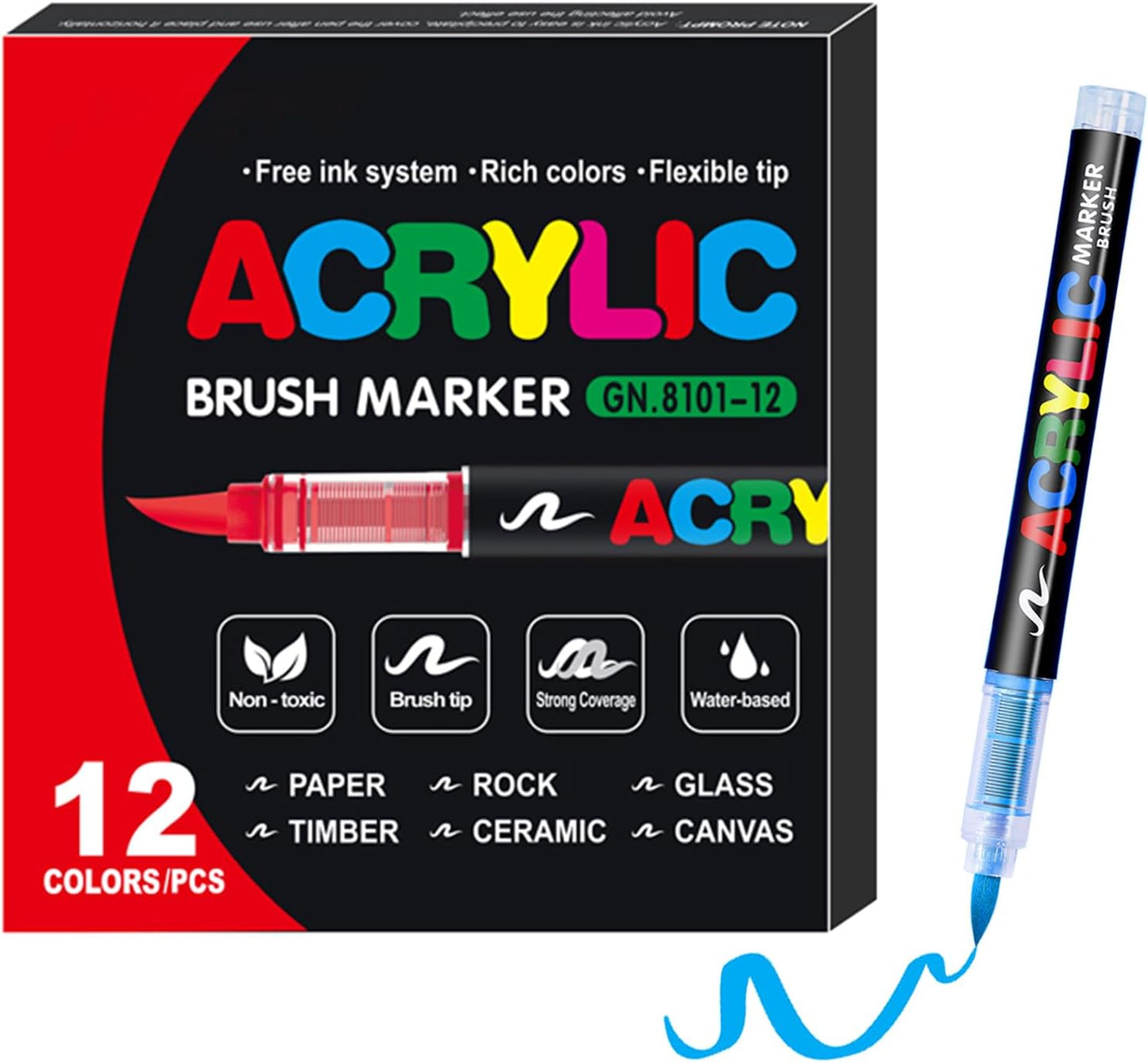 12 Color Acrylic Paint Pens, Soft Brush Tip Acrylic Paint Markers,Quick-Drying Waterproof Acrylic Markers for Canvas, Rock Painting, Wood, Stone, Glass, Ceramic, Fabric Painting, DIY Crafts