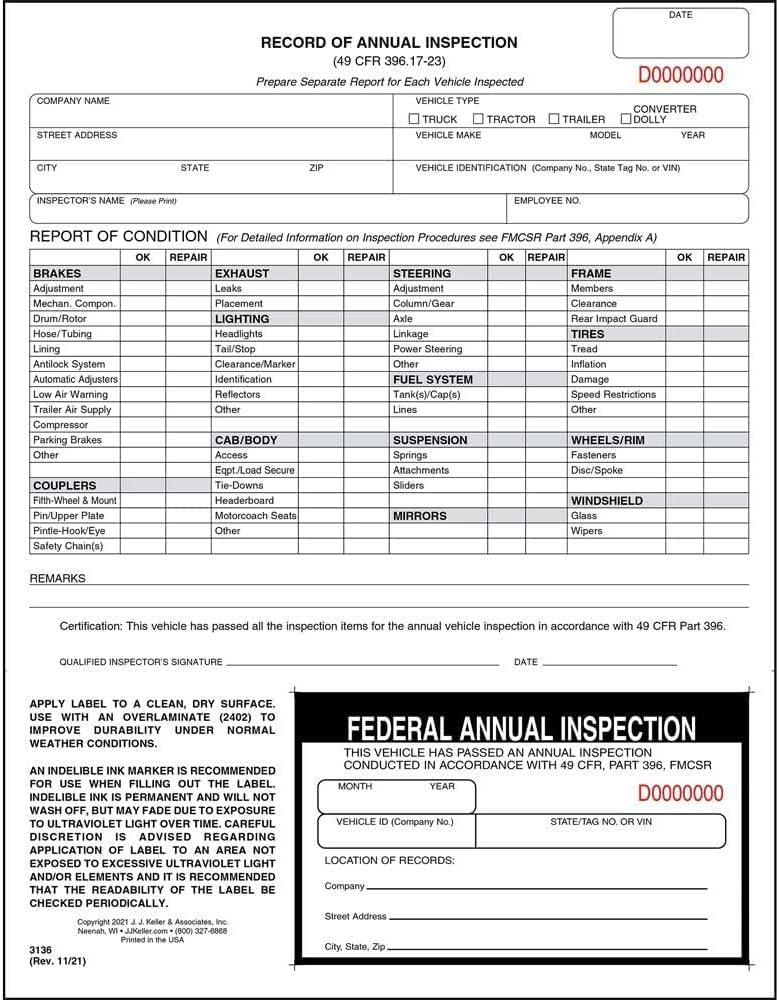 J. J. Keller 100-Pack, Record of Annual Inspection Form with Inspection Decal, 2-Ply Carbonless Form, DOT Compliant