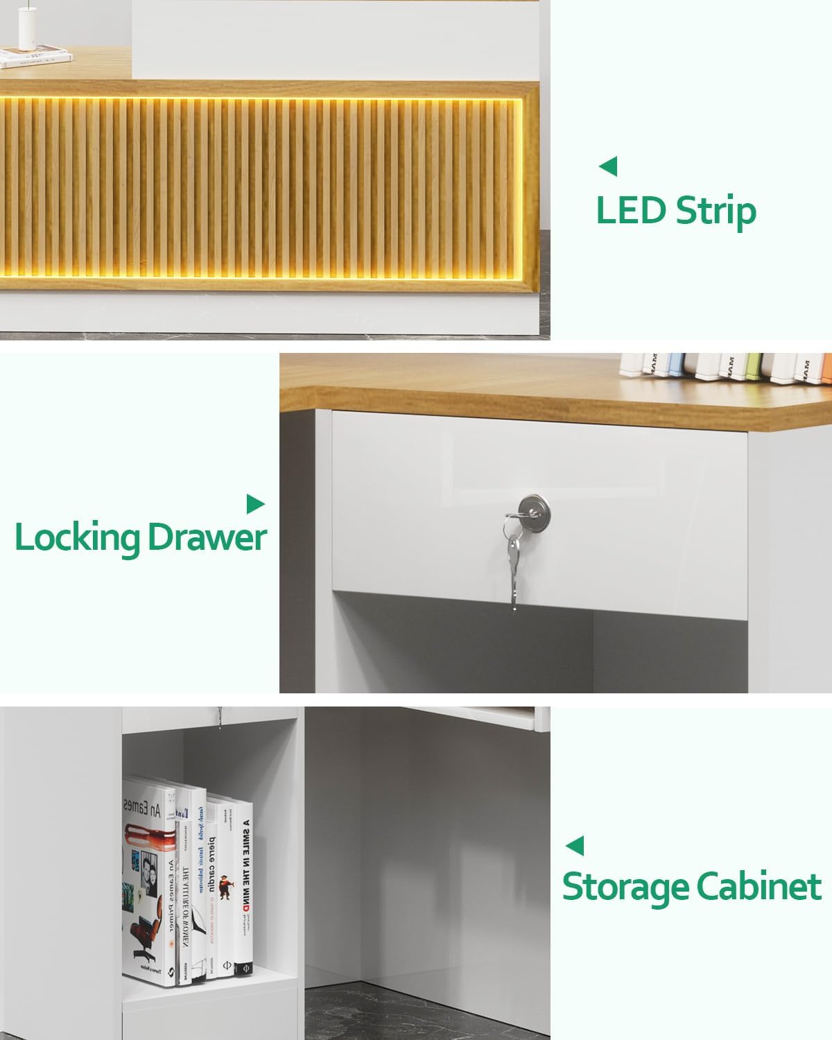 L Shaped Reception Desk, Solid Wood Front Desk with Counter & Lockable Drawers, Retail Checkout Customer 2 Person Secretary Desks for Home Office Lobby Store (63in,Left)