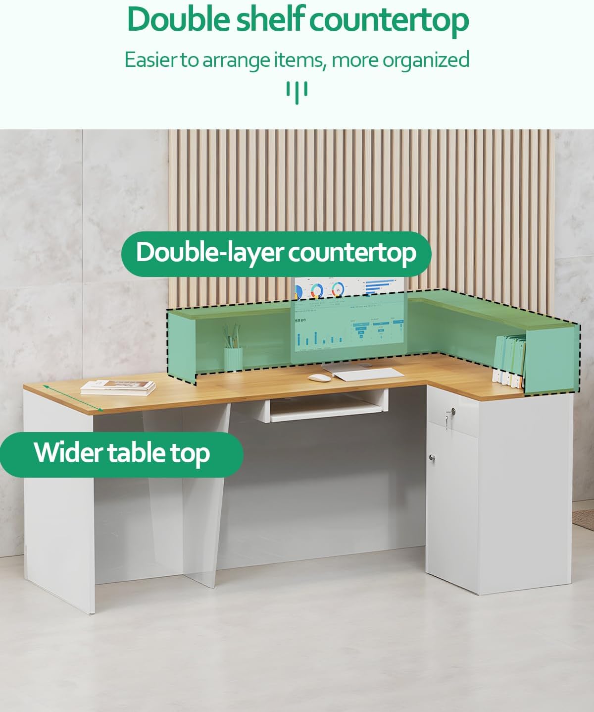 L Shaped Reception Desk, Solid Wood Front Desk with Counter & Lockable Drawers, Retail Checkout Customer 2 Person Secretary Desks for Home Office Lobby Store (63in,Left)