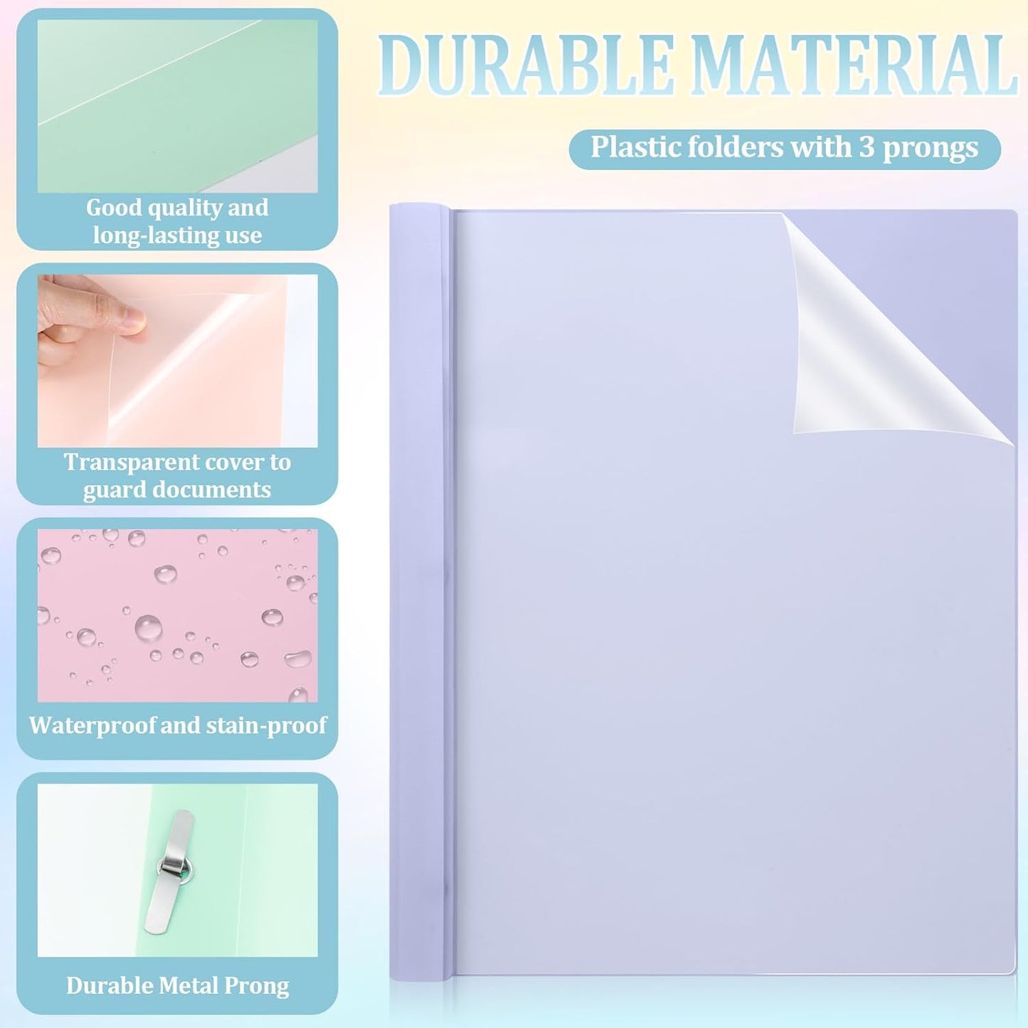 48 PCS Pastel Plastic Report Covers with 3 Prongs Clear Front Presentation Folders 3 Prong Folders for Resume Portfolio Document Report Letter Proposal School Classroom Office Supplies (Pastel)